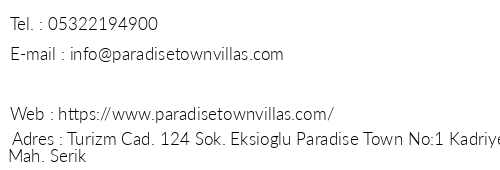 Paradise Town Villas telefon numaralar, faks, e-mail, posta adresi ve iletiim bilgileri